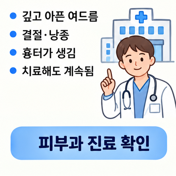 깊고 아픈 여드름과 결절&middot;낭종, 흉터, 지속되는 여드름 등 피부과 진료가 필요한 경우를 보여주는 이미지