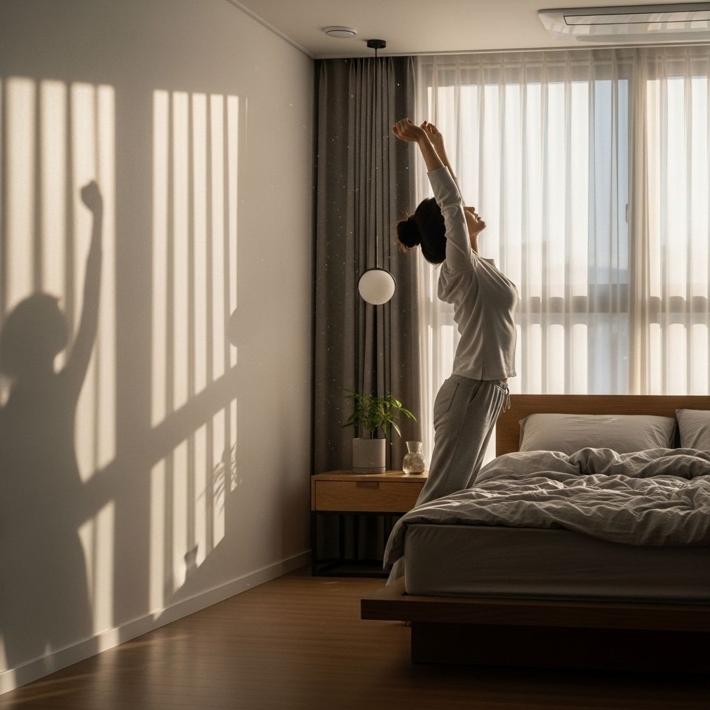 심야약국8&amp;#44; 침대 옆에서 스트레칭하고 있는 여성