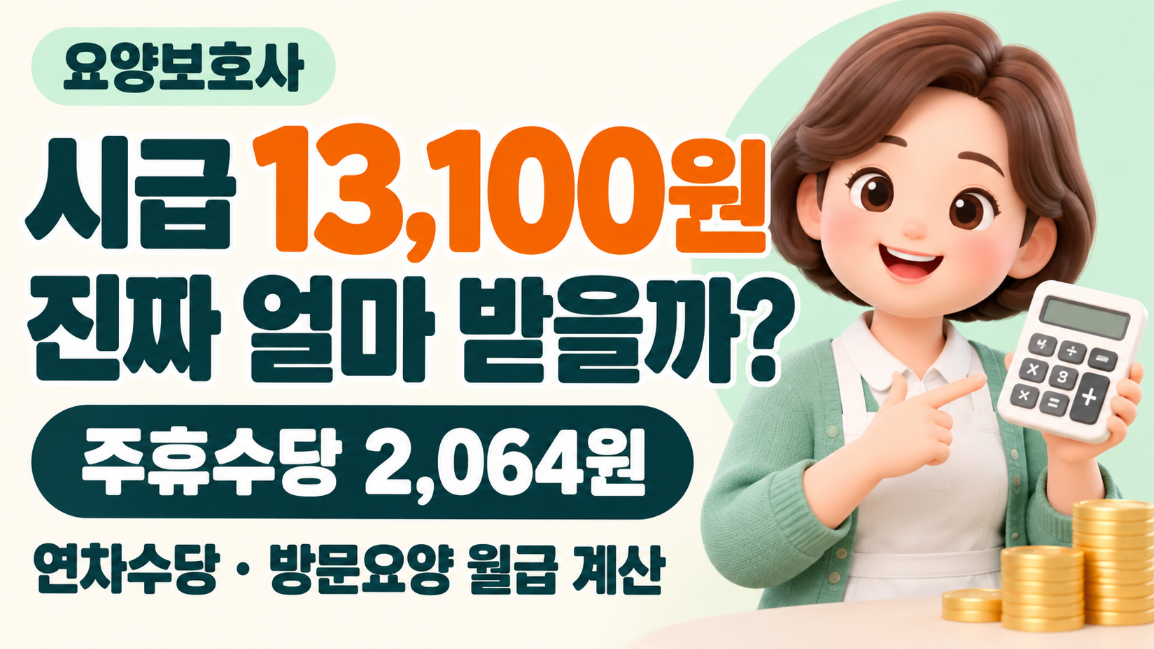요양보호사 시급 13,100원 진짜 얼마 받을까?｜주휴수당 2,064원&middot;연차수당&middot;방문요양 월급 계산 총정리