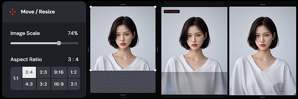 Midjourney Edit 기능에서 인물 상반신 이미지를 3:4 비율로 확장하여 하반신까지 연출한 예시 이미지_Midjourney