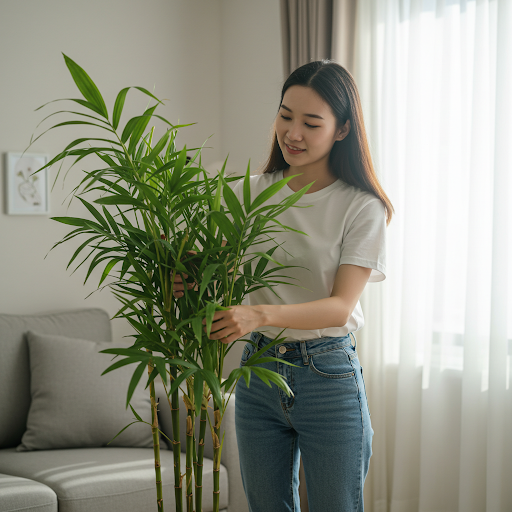집안에서 정성스레 식물을 기르는 여성