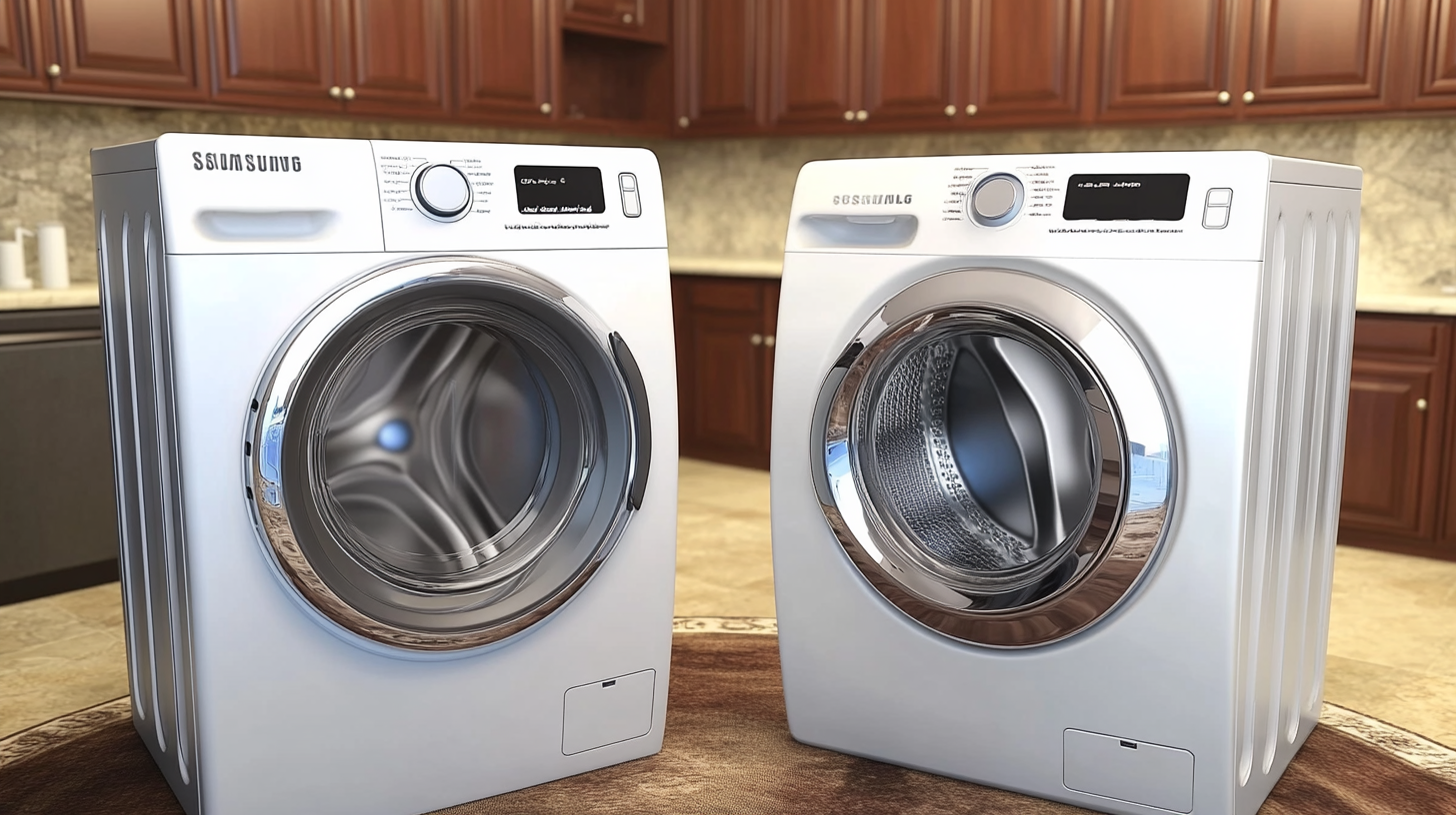 쇼룸에 배치된 삼성과 LG 트롬 세탁기의 비교 이미지로, 외관과 기능의 차이점을 강조하여 선명한 이미지로 표현합니다.