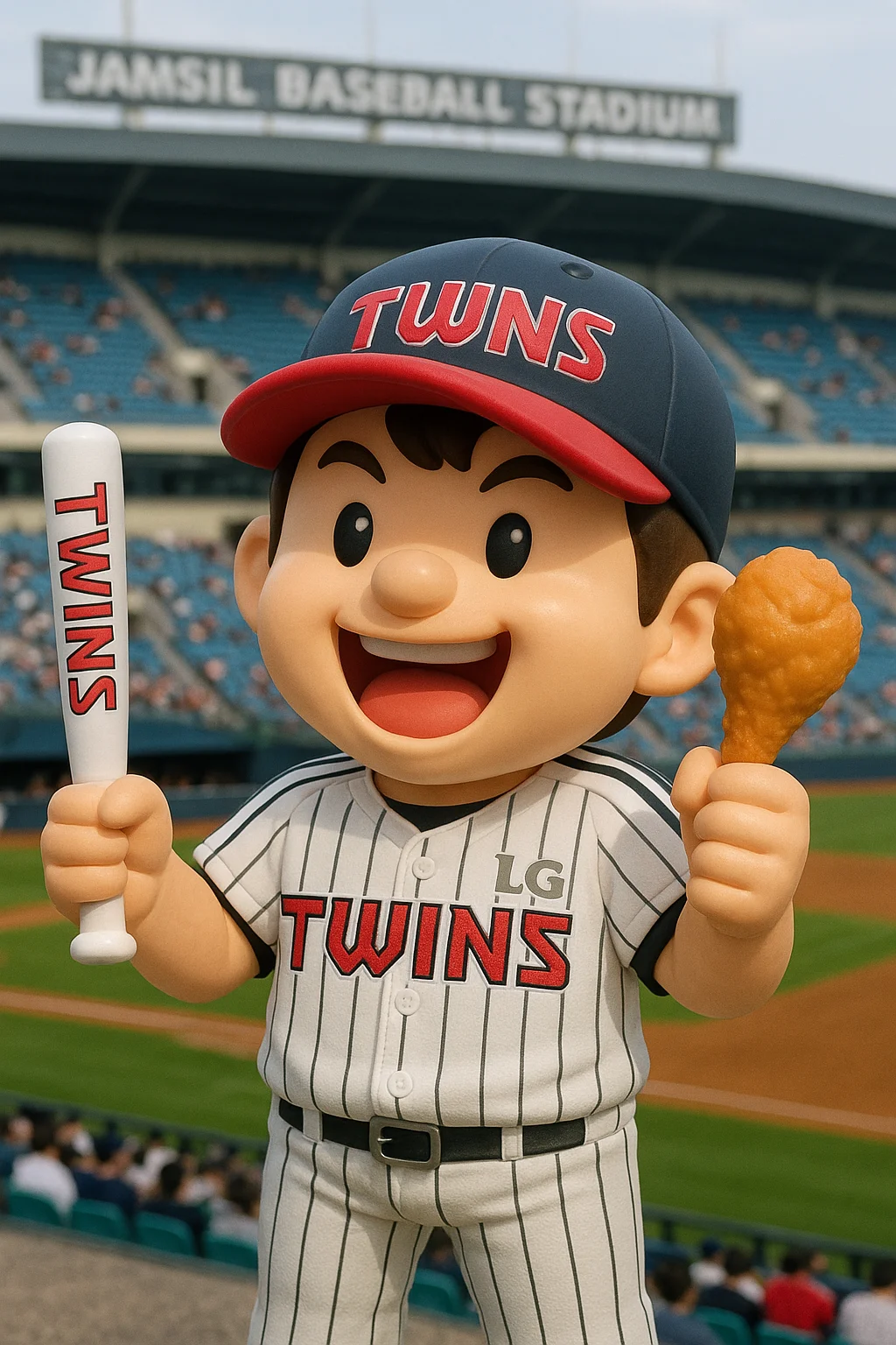 야구 응원 피규어 ⚾🎉 "잠실야구장을 배경으로, 응원봉과 치킨을 든 야구팬 캐릭터 피규어