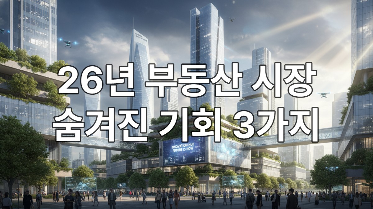2026년 급변하는 부동산 시장의 희망찬 풍경, 현대적인 빌딩과 녹지가 어우러져 숨겨진 투자 기회를 상징합니다.