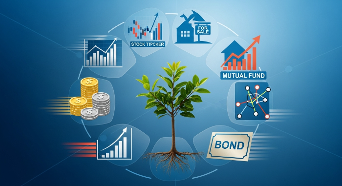 주식, 채권, 부동산 등 다양한 자산으로 구성된 분산 투자 포트폴리오를 시각적으로 표현한 이미지.