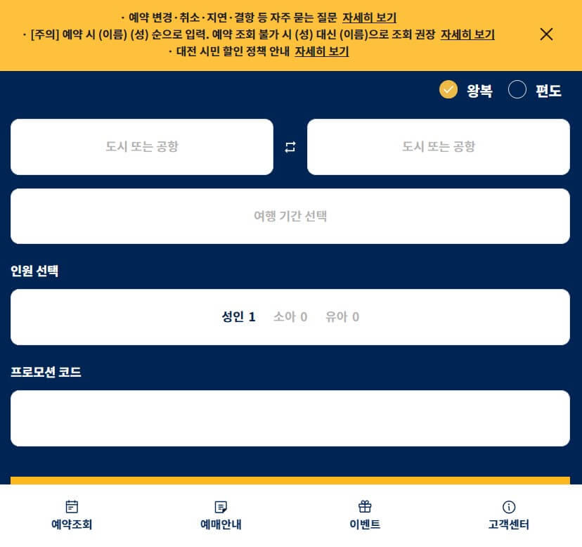 항공권 예약 화면