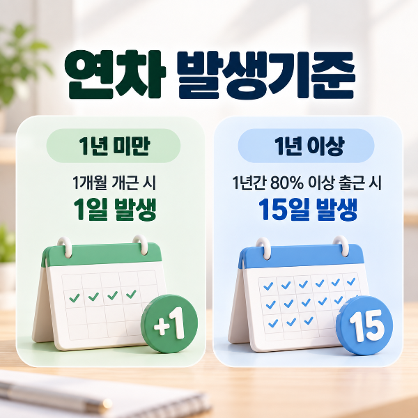 1년 미만은 1개월 개근 시 1일, 1년간 80% 이상 출근 시 15일의 연차가 발생하는 연차 발생기준 안내 이미지
