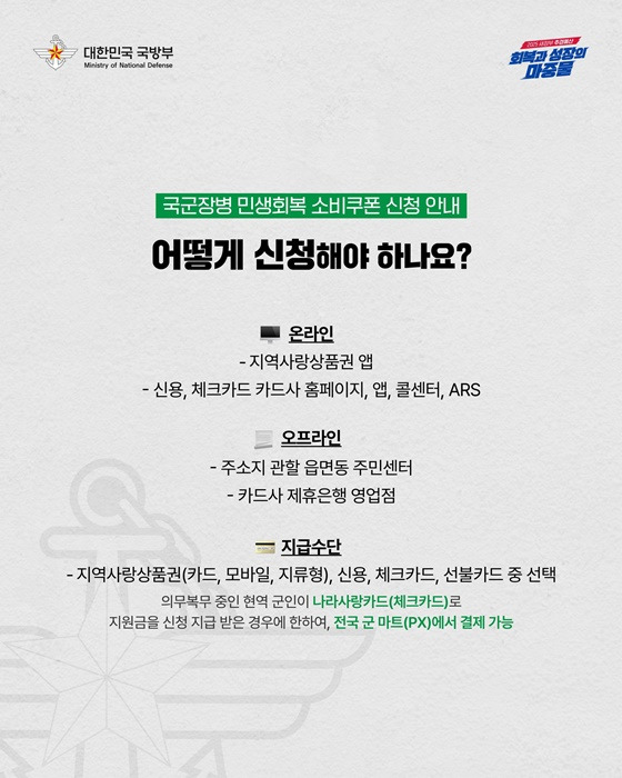 충성! 국군장병 여러분들 '민생회복 소비쿠폰' 신청하세요.