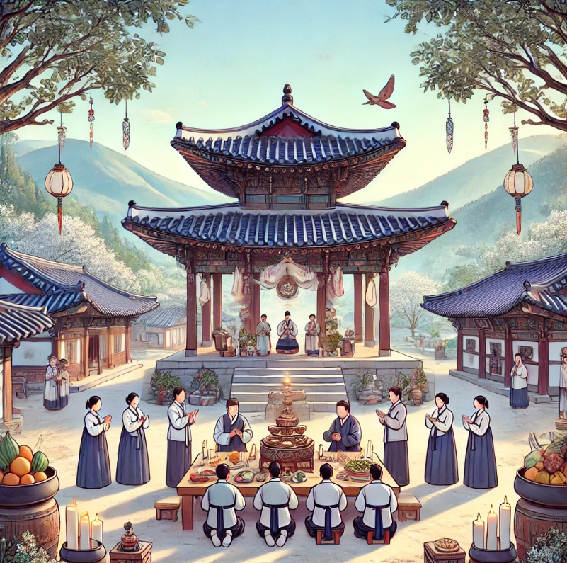 많은 사람들이 가운데에 모여서 기도 같은걸 하고 있는 모습