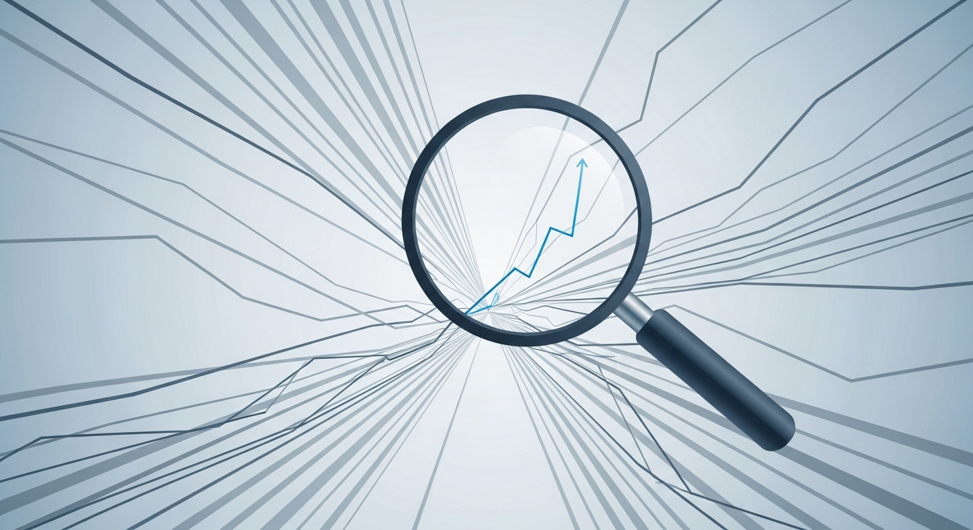 부동산 하락장 속에서 작은 상승 추세를 찾아내는 돋보기를 보여주는 그래프와 차트 일러스트. 위기 속 숨겨진 투자 기회를 탐색하는 모습을 상징.