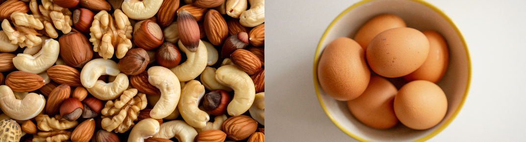 탈모에 좋은 음식으로 알려진 다양한 견과류와 달걀을 나란히 보여주는 이미지로, 머리카락 건강과 두피 영양에 도움이 되는 식재료를 강조함