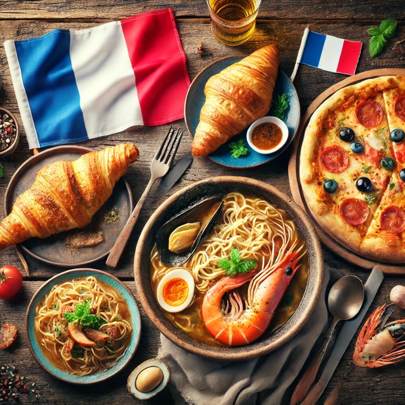이미지에는 일본산 김이 나는 라면 한 그릇, 프랑스산 황금 크루아상, 태국산 팟타이 한 접시, 이탈리아산 클래식 나폴리 피자, 푸짐한 해산물 부야베스가 담겨 있습니다