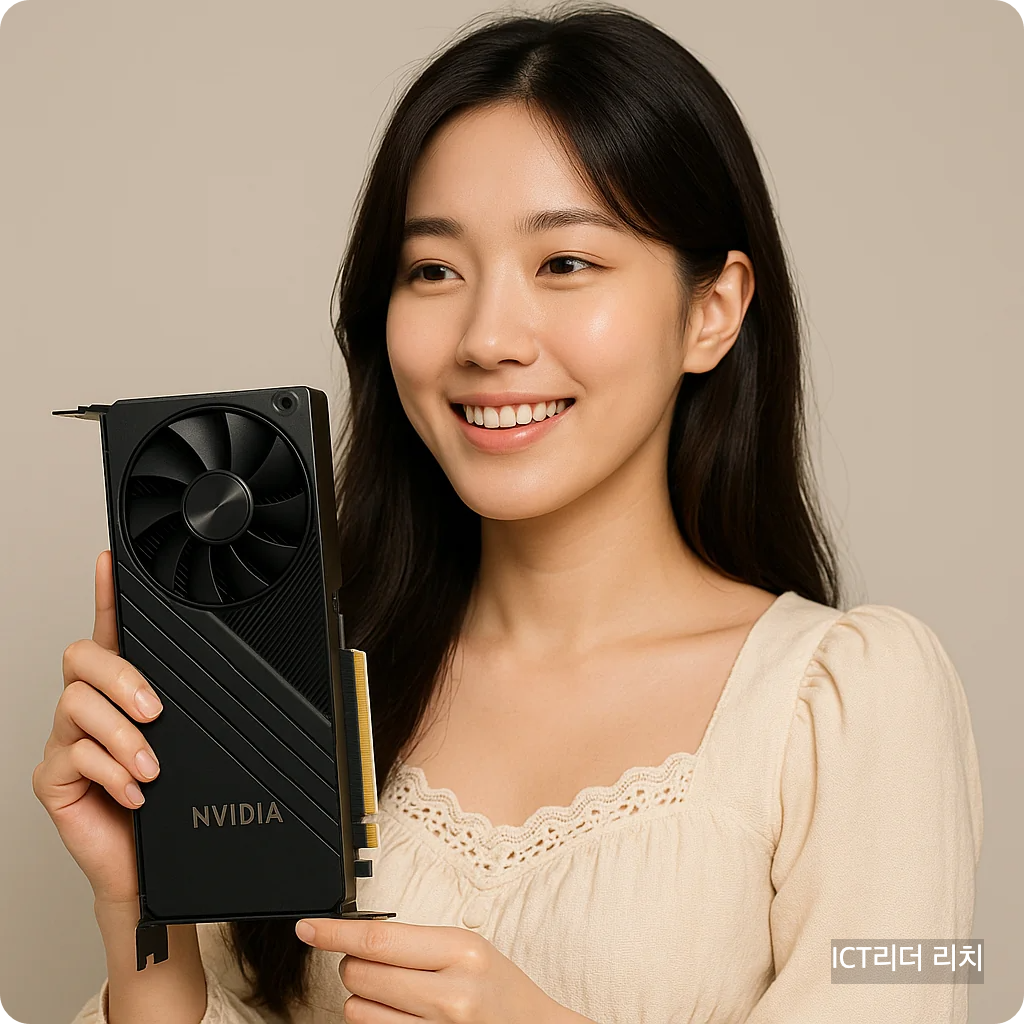 밝고 환한 20대 여성이 NVIDIA GPU를 들고 자연스럽게 미소 짓는 모습