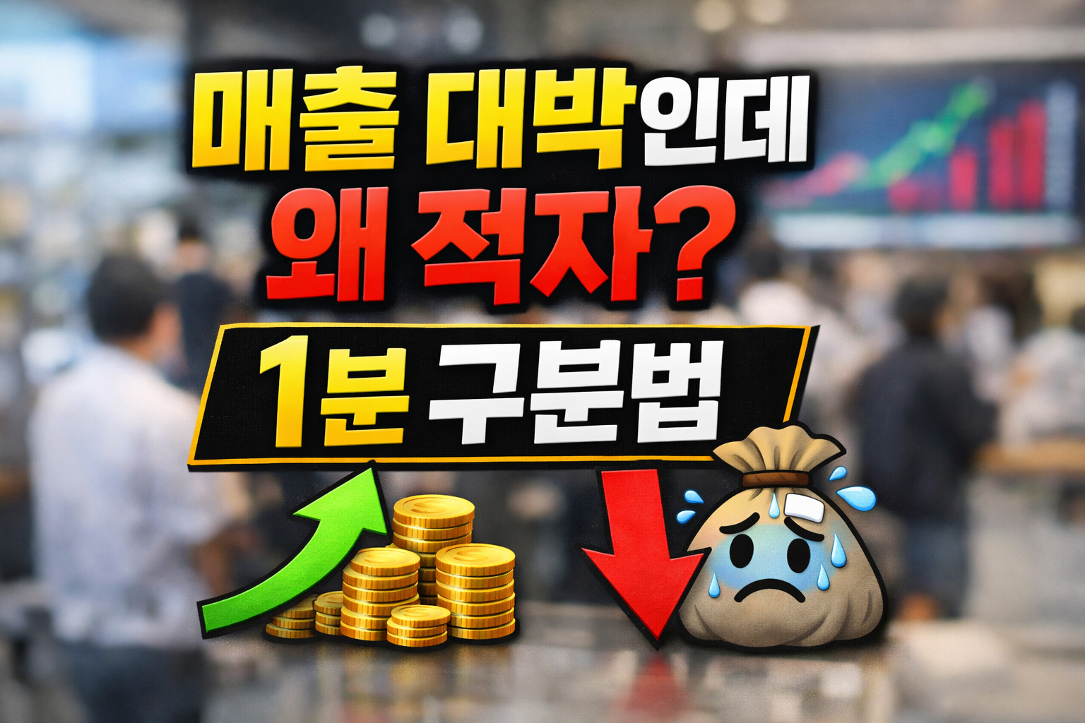 매출은 증가했지만 적자가 발생한 이유를 설명하는 썸네일, 상승 화살표와 하락 화살표가 대비된 실적 분석 이미지