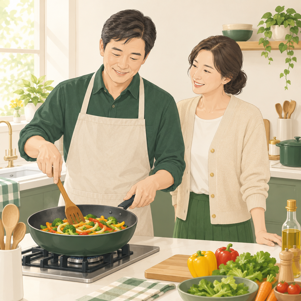 암 치료 중 익혀 먹는 음식 &mdash; 햇살 드는 부엌에서 남편이 채소를 볶고 아내가 곁에서 웃는 모습