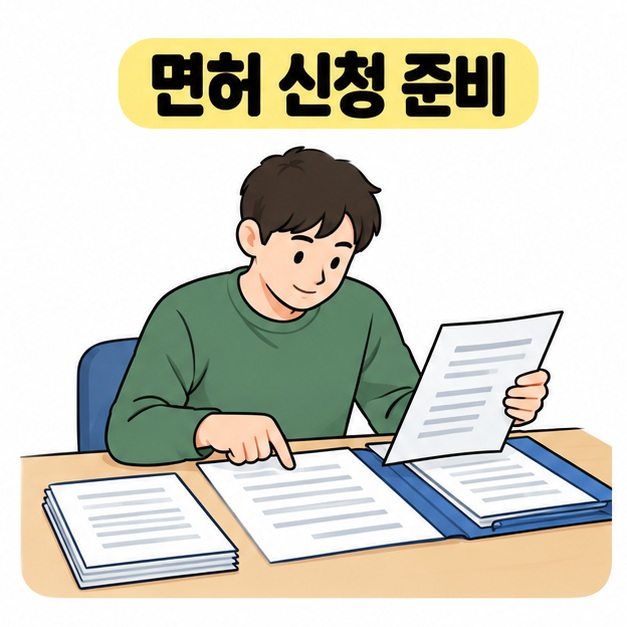 남성이 책상 위 서류와 서류철을 확인하며 면허 신청 자료를 정리하는 모습