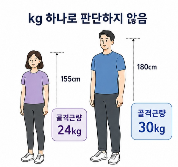 키와 체격이 다른 사람은 같은 골격근량이라도 해석이 달라질 수 있음을 보여주는 그림