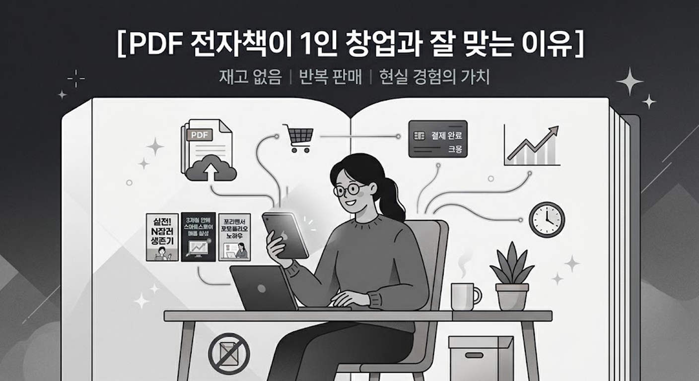 1인 창업가가 노트북과 태블릿을 활용해 재고와 배송 없이 자신의 현실 경험이 담긴 PDF 전자책을 제작하고 판매하는 과정을 표현한 심플한 모노톤 일러스트입니다.