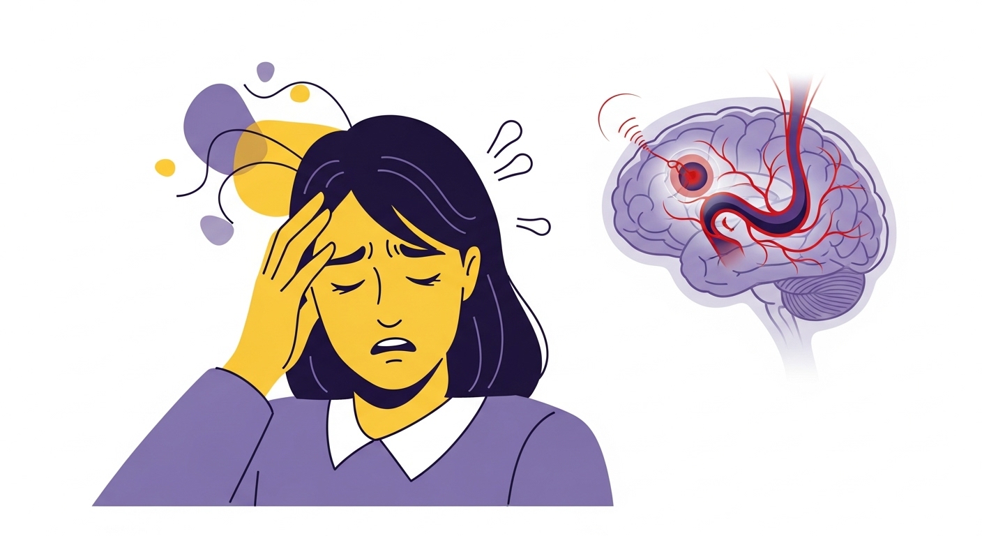 두통과 어지럼증을 겪는 사람의 모습과 뇌혈관 문제를 암시하는 추상적인 요소가 결합된 의료 삽화