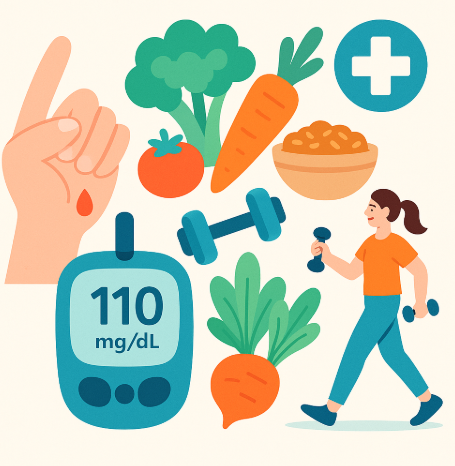 포도당 측정기, 건강식품, 운동 아이콘을 통해 당뇨 전단계 관리의 핵심 요소를 시각적으로 표현한 이미지