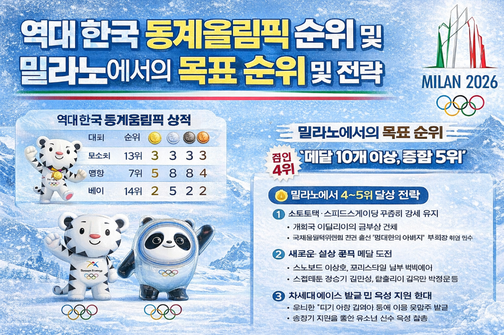 한국 동계올림픽 역대 순위부터 밀라노 목표까지 완벽 분석