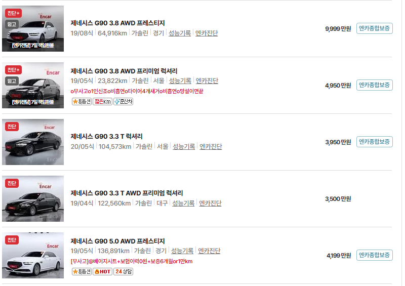 제네시스 G90 중고차 가격 시세표 및 유지비