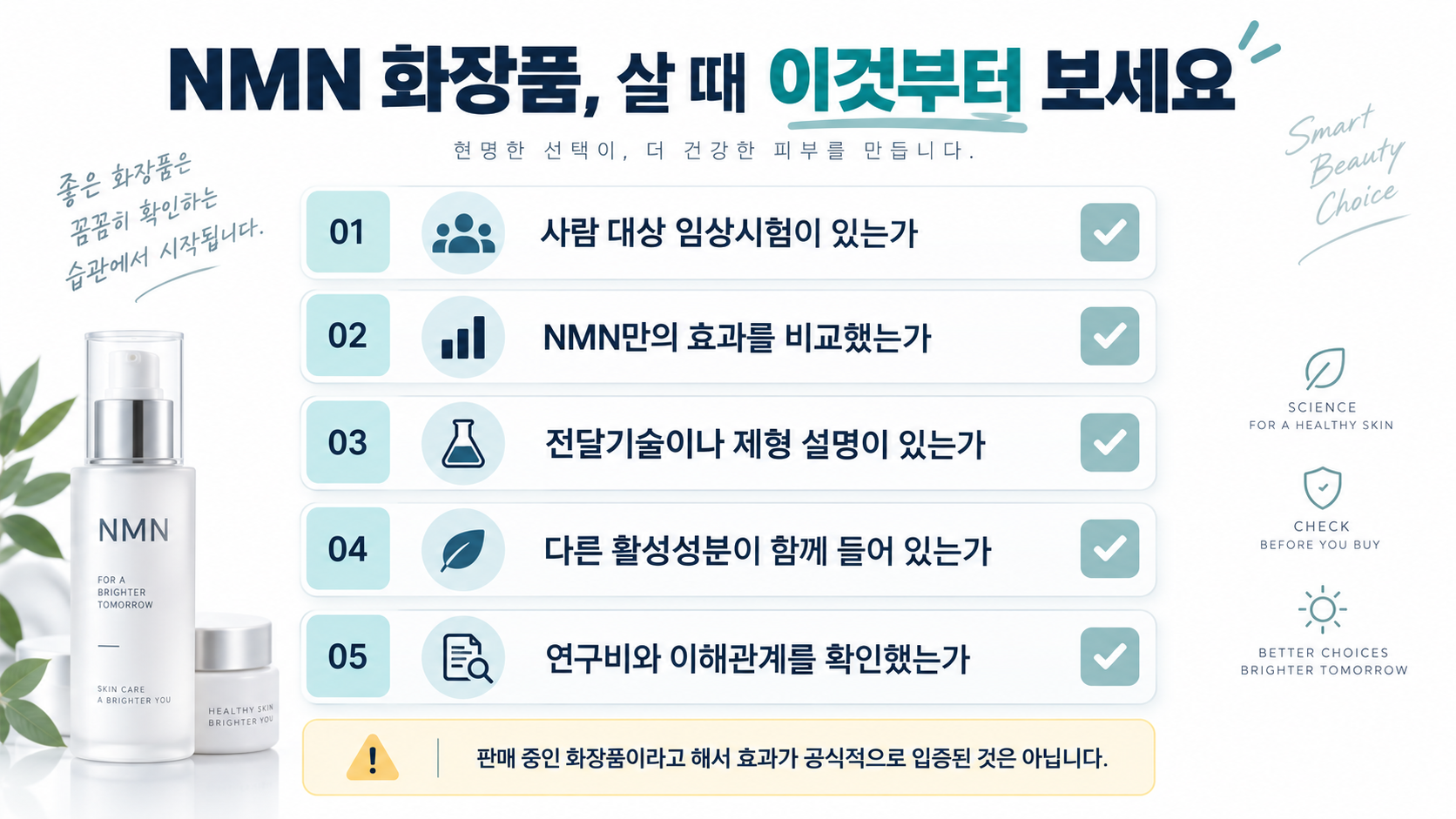 NMN 화장품 구매 시 확인할 임상시험, 단독 효과 비교, 전달기술, 다른 활성성분, 이해관계 체크리스트