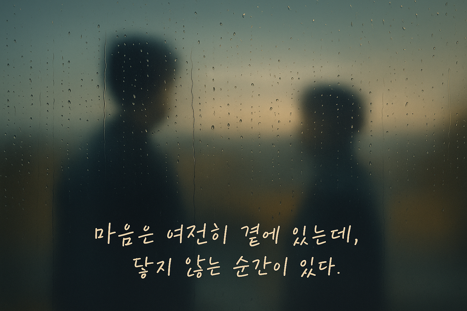 빗방울이 맺힌 유리창 너머로 두 사람의 실루엣이 보이는 장면.
해질녘의 잔잔한 빛이 번지며, 서로 마주 보고 있지만 닿지 못하는 마음의 거리를 상징적으로 표현한 이미지.