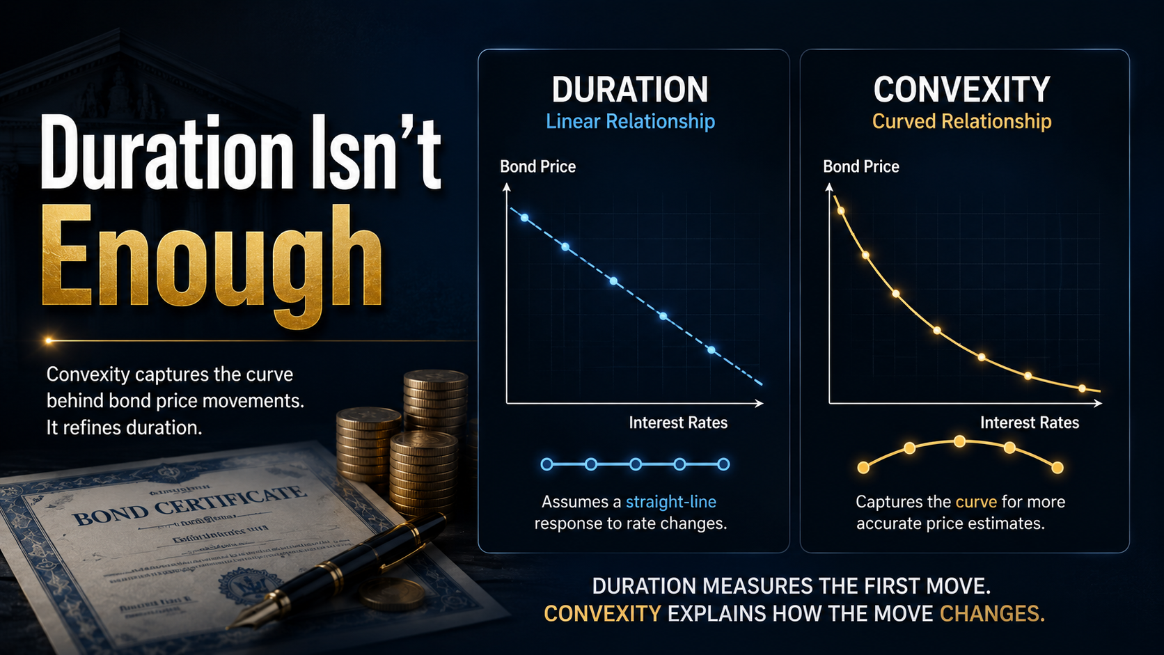 Comparison of duration and convexity showing linear versus curved bond price responses to changing interest rates.