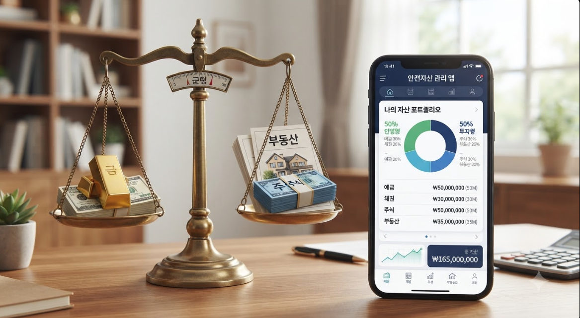 안전 자산 저울과 스마트폰 자산 관리 금융 앱 화면