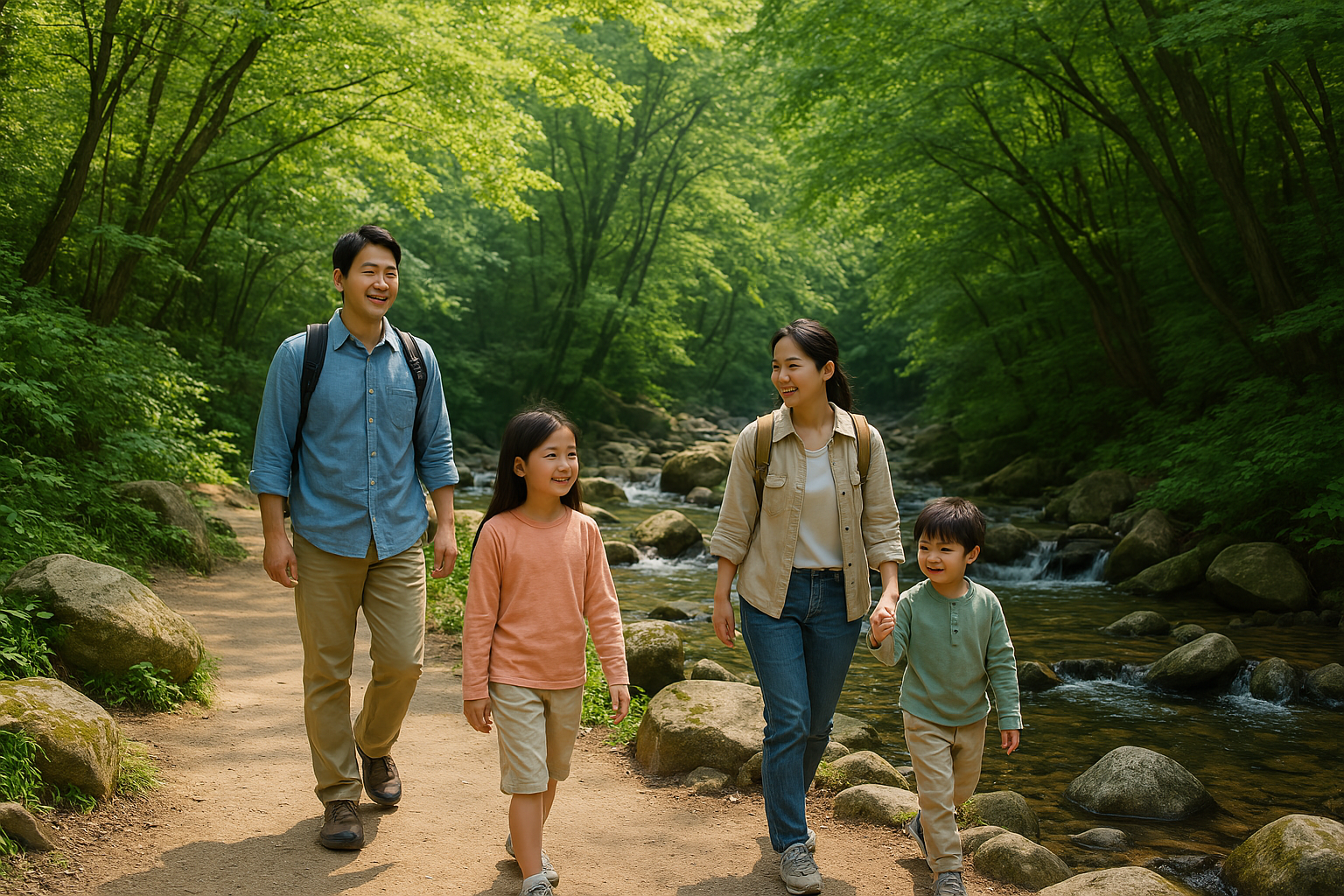 계곡길을 걷는 가족