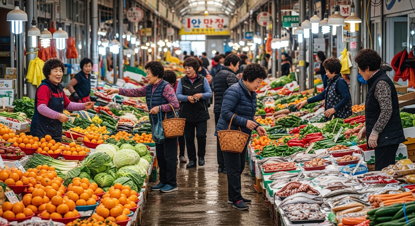 신선한 제철 해산물과 채소가 가득한 제주 전통 오일장의 활기찬 풍경