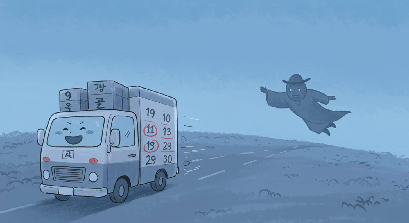 이사차가 있고 귀신이 날라 가고 있는 이사의 손없는날을 풍자한 그림