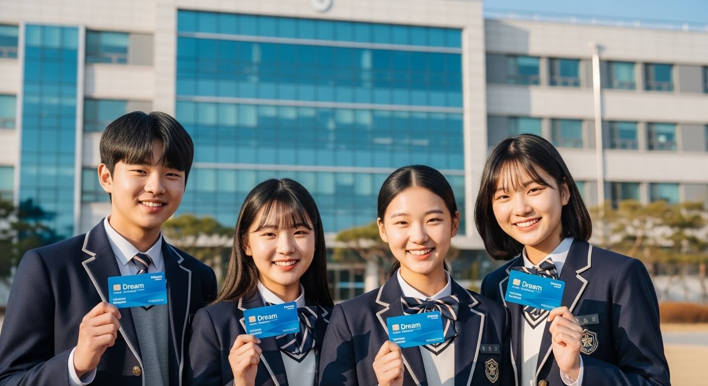 교복을 입은 학생들이 드리미카드를 들고 밝게웃고있다