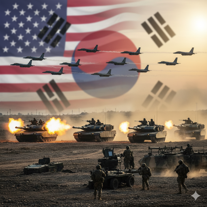 한국-미국 국기 배경의 한미연합훈련 모습