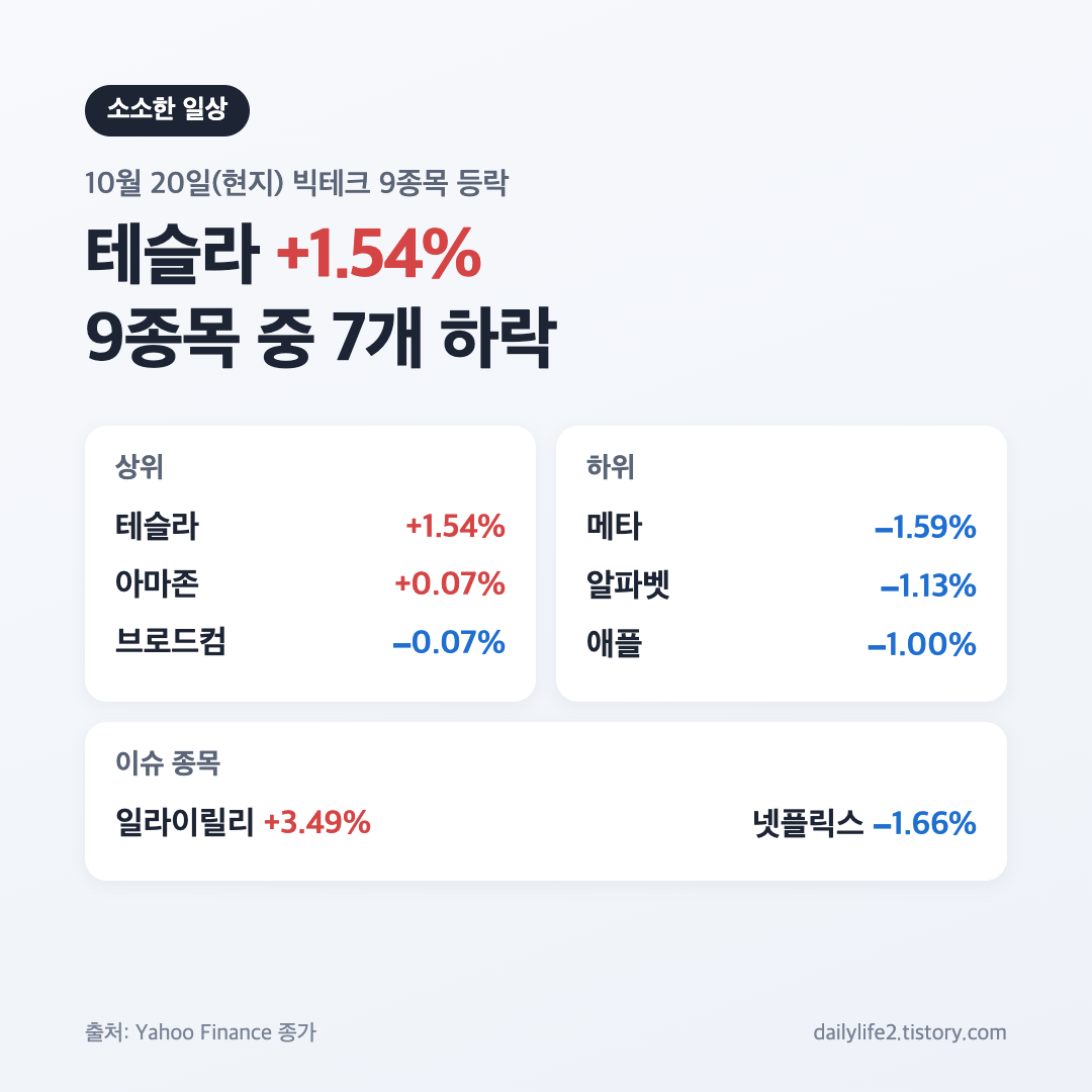 10월 20일 미국 증시 빅테크 9종목 등락률 상위 하위