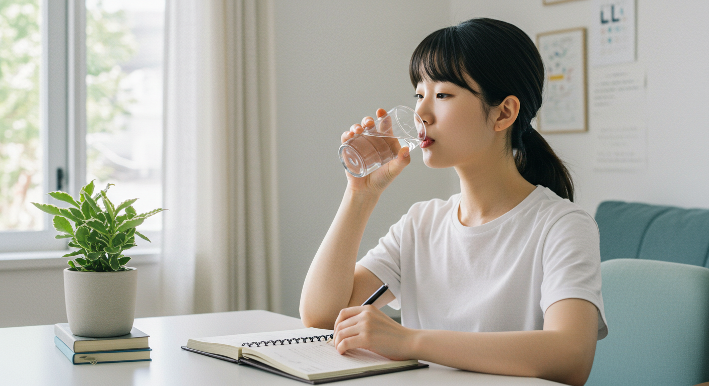 "간헐적 단식 중 발생하는 불편함과 부작용에 현명하게 대처하며 차분하게 관리하는 한국인의 모습."