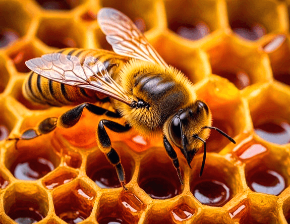 노란 벌집이 있다. 그 위에 꿀벌 한 마리가 앉아서 꿀을 바라본다.
