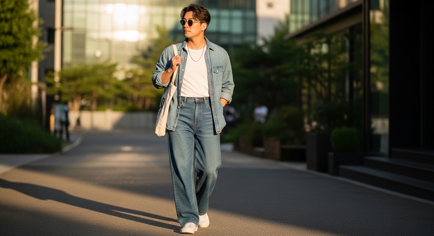 화이트 이너 레이어드와 와이드 데님 팬츠를 활용한 시원한 여름 톤온톤 스타일링