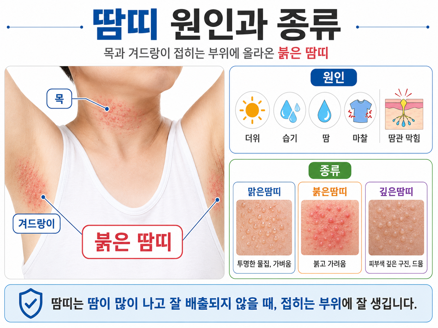 땀띠 원인과 종류 — 목과 겨드랑이 접히는 부위에 올라온 붉은 땀띠