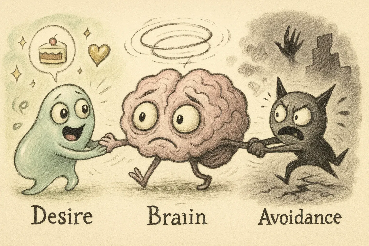 욕구와 회피 사이에서 혼란스러워하는 뇌의 갈등을 그린 감정 조절 일러스트