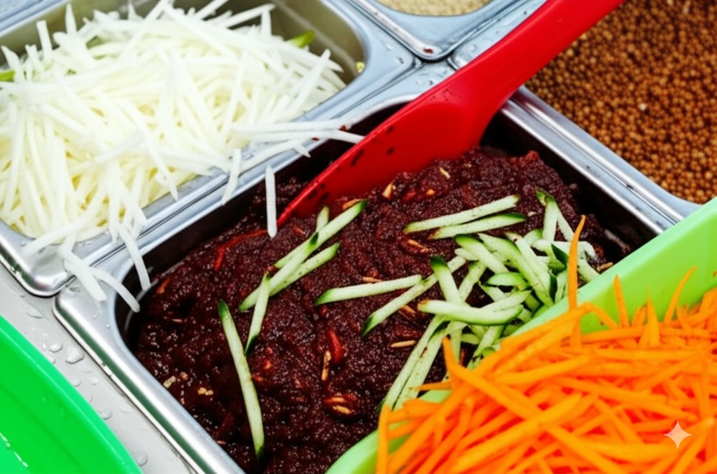 단무지, 오이 등 고명을 올리는 모습