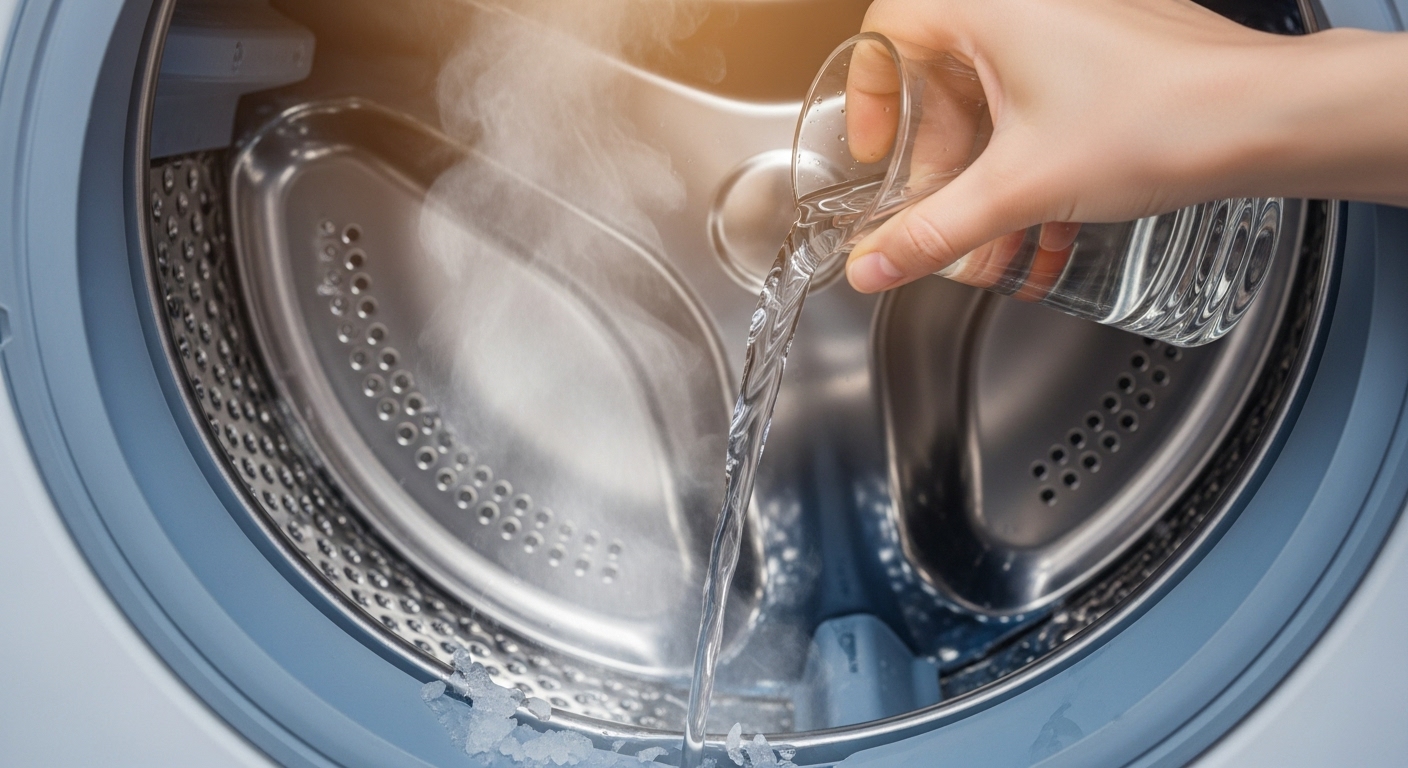 세탁기 세탁조에 50~60도 따뜻한 물을 붓고 얼음을 녹이는 과정. 해동 작업을 나타내는 장면.