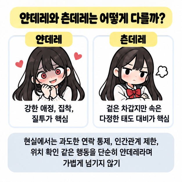 얀데레와 츤데레의 차이를 비교해 보여주는 이미지