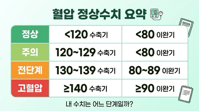 혈압 정상수치 요약 정상 주의 전단계 고혈압 비교