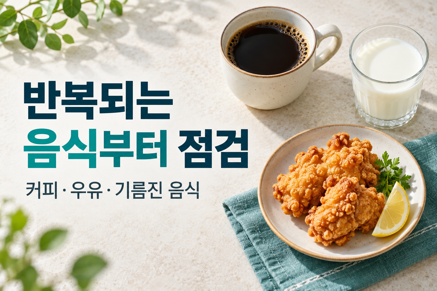 조리대에 놓인 커피와 우유, 튀긴 음식