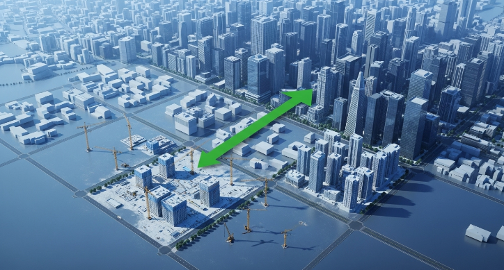 신규 오피스텔 공급이 급감하는 도시 전경과 활발한 업무 지구의 대조. 희소성이 높은 지역으로 수요가 집중되는 현상을 상징합니다.