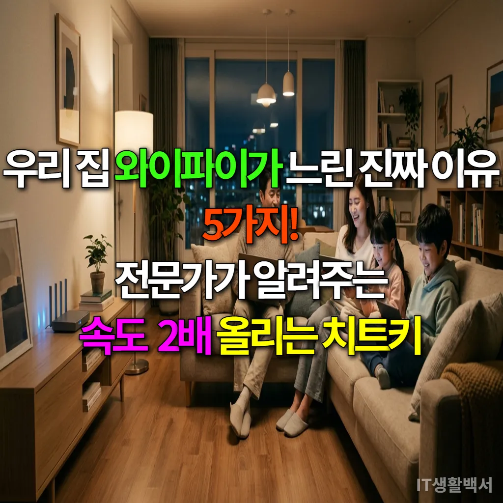 가족이 거실에서 스마트 기기를 사용하며 편안하게 와이파이를 즐기는 모습. 중앙에 놓인 깔끔한 와이파이 공유기가 보인다.