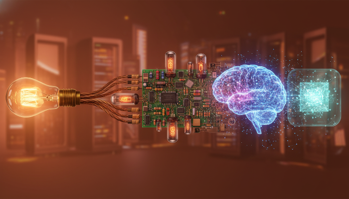 전기공학에서 시작하여 전자, 디지털, 인공지능 시대로 이어지는 기술 발전의 역사를 상징적으로 보여주는 타임라인 이미지
