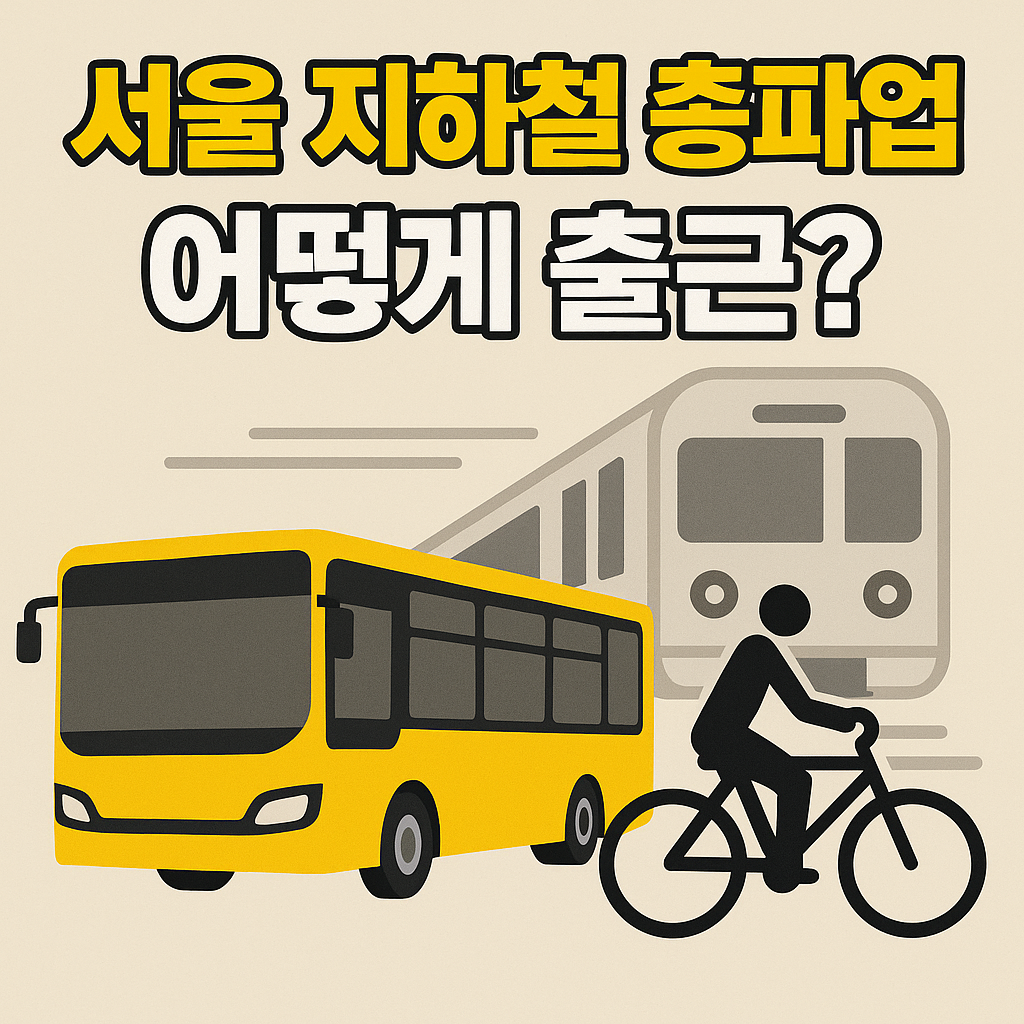 서울 지하철 총파업 상황에서 버스와 자전거 등 대체 교통수단을 상징적으로 표현한 인포그래픽 스타일 일러스트